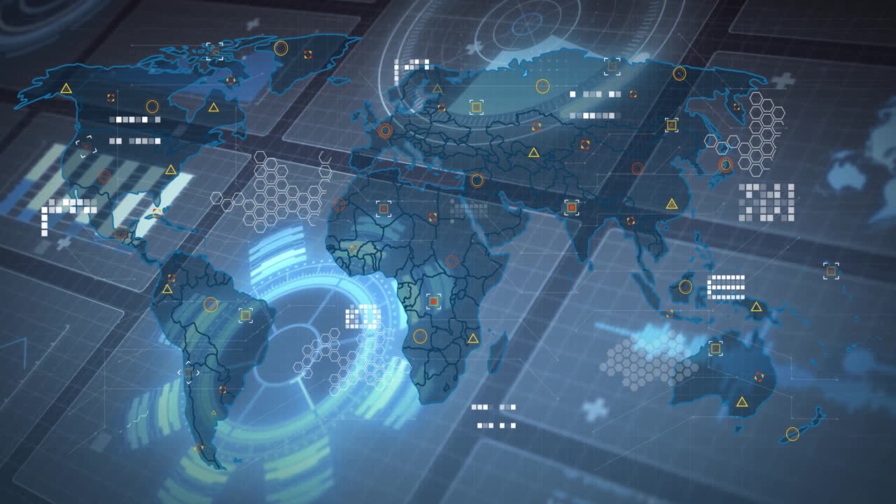 Animation of digital world map with data points and network connections overlay