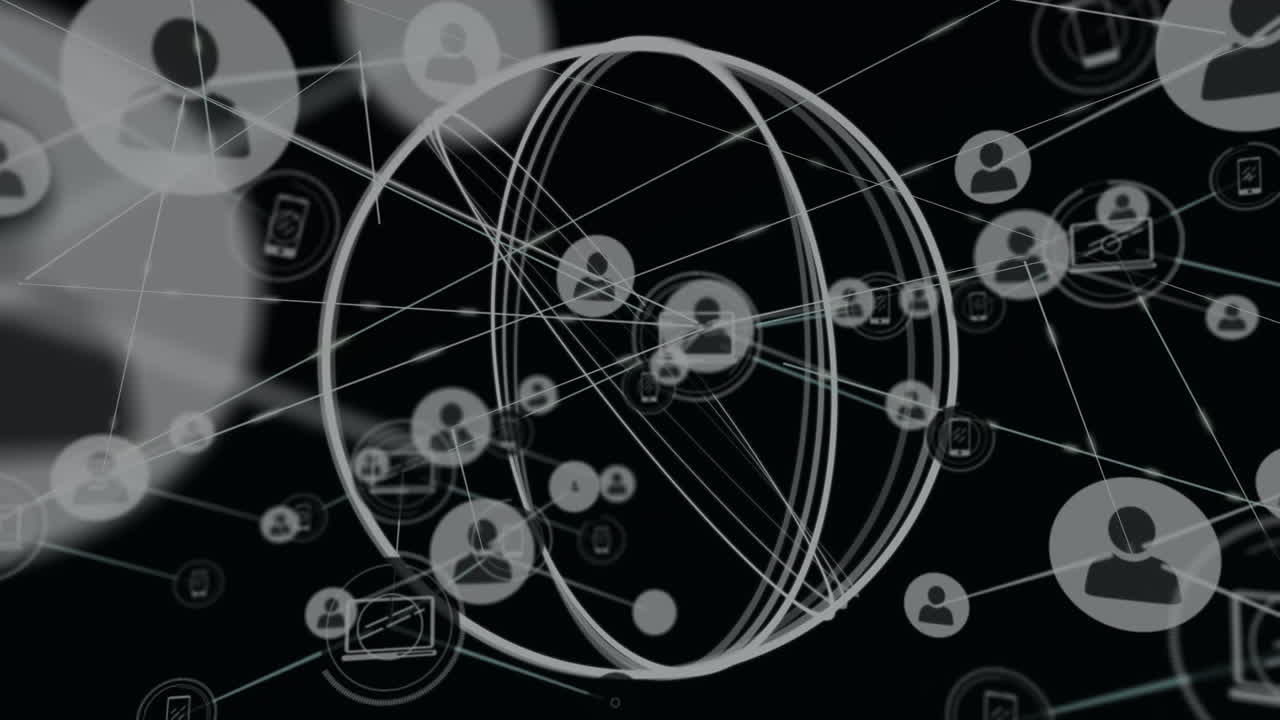 검은 바탕에 움직이는 원 위에 선으로 연결된 아이콘의 애니메이션