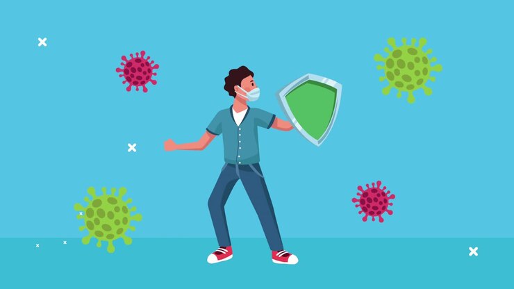 young man wearing medical mask with shield animation