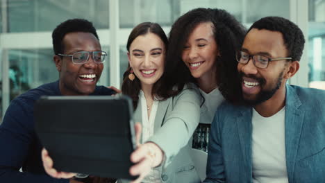 business people, smile and team selfie on tablet