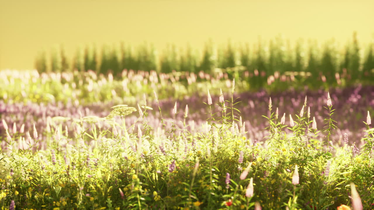 여름 해가 지는 동안 꽃이 피는  ⁇