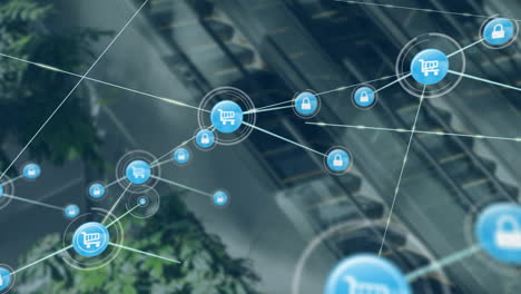 Animation of network of connections with trolley icons over cityscape