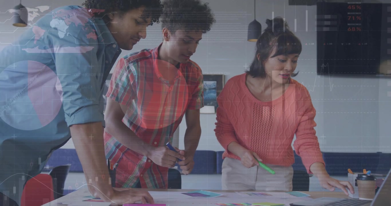 Animation of financial data processing over diverse business people in office