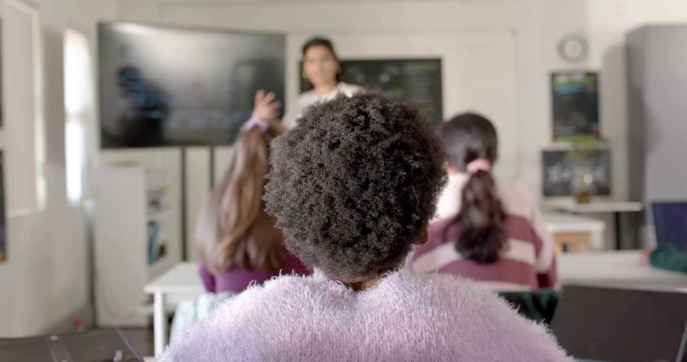 African American teen student watching teacher gesturing at board, monitor in class to learn