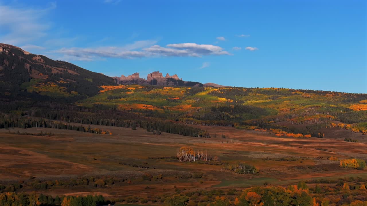 Autumn fall sunrise Mill Castle Mountain aerial drone Colorado morning clear blue sky clouds Gunnison Crested Butte Ohio Swampy Kebler Pass Mount Axtell Ohio Peak pano landscape parallax circle right