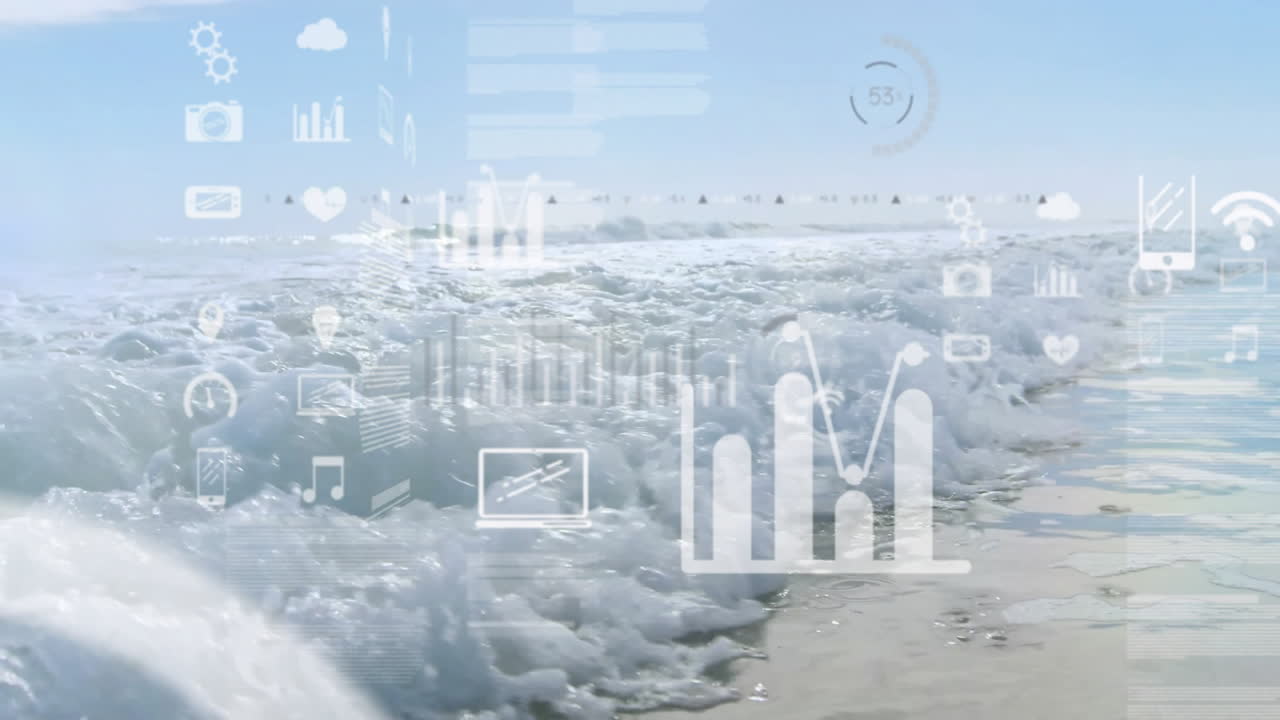 Digital data analytics animation over ocean waves on sunny day