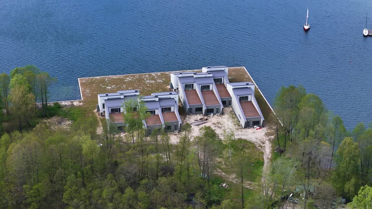 Renovated rowing sports facility near Galve lake in Lithuania, aerial view