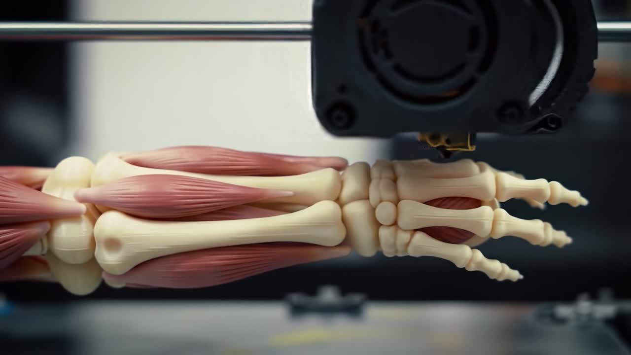 Advanced 3D Printing Technology Showcases Anatomical Model of a Human Hand with Detailed Bones and Muscles in a Precision Manufacturing Environment
