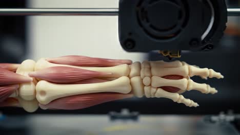 advanced 3d printing technology showcases anatomical model of a human hand with detailed bones and muscles in a precision manufacturing environment