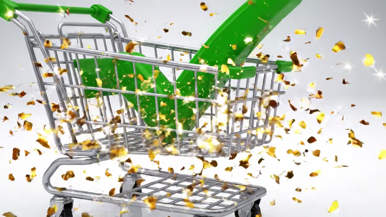 Un carrello della spesa con un segno di spunta verde rappresenta acquisti riusciti e scelte positive negli ambienti di vendita al dettaglio per i consumatori.