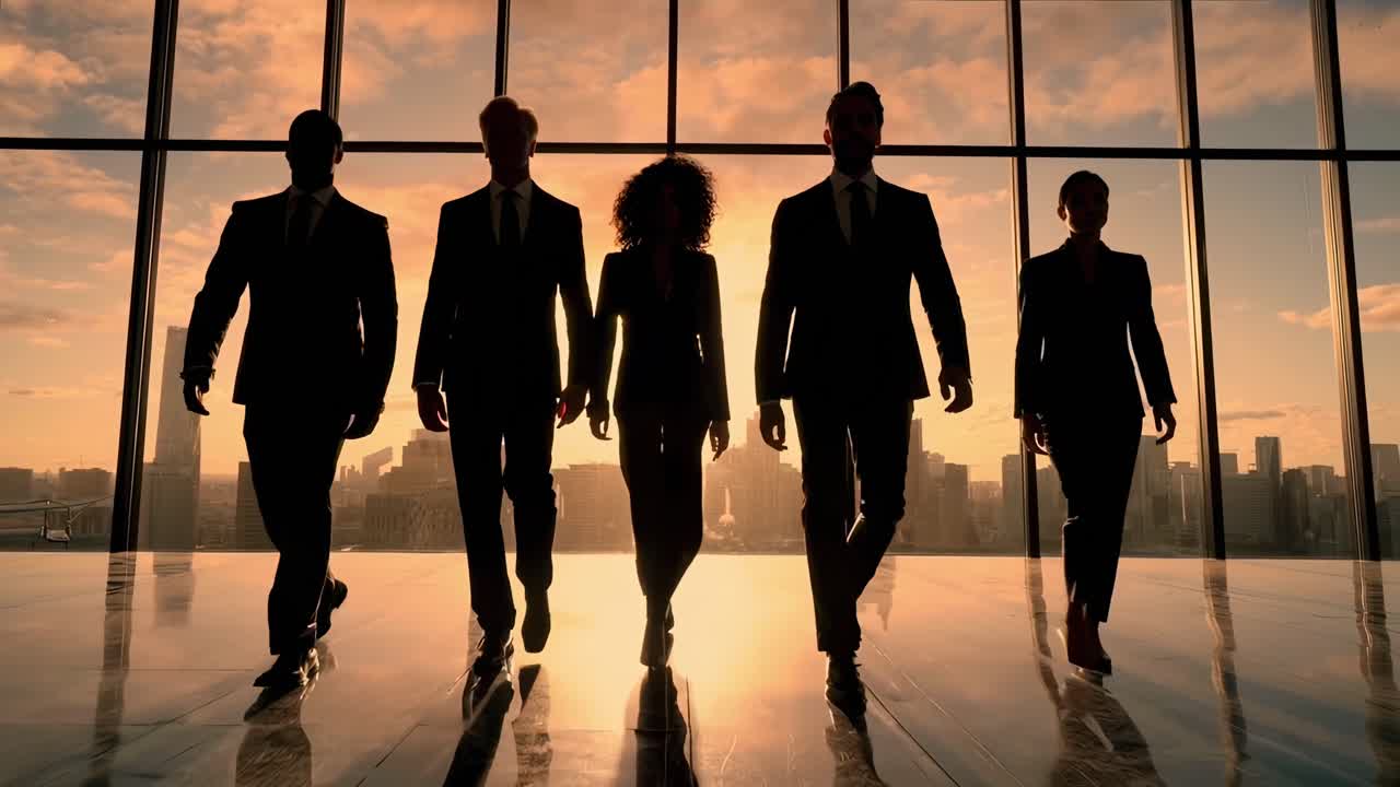 Silhouetted business team walking towards camera at sunset, cinematic video style