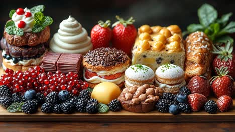 delightful assortment of desserts presented on a wooden platter