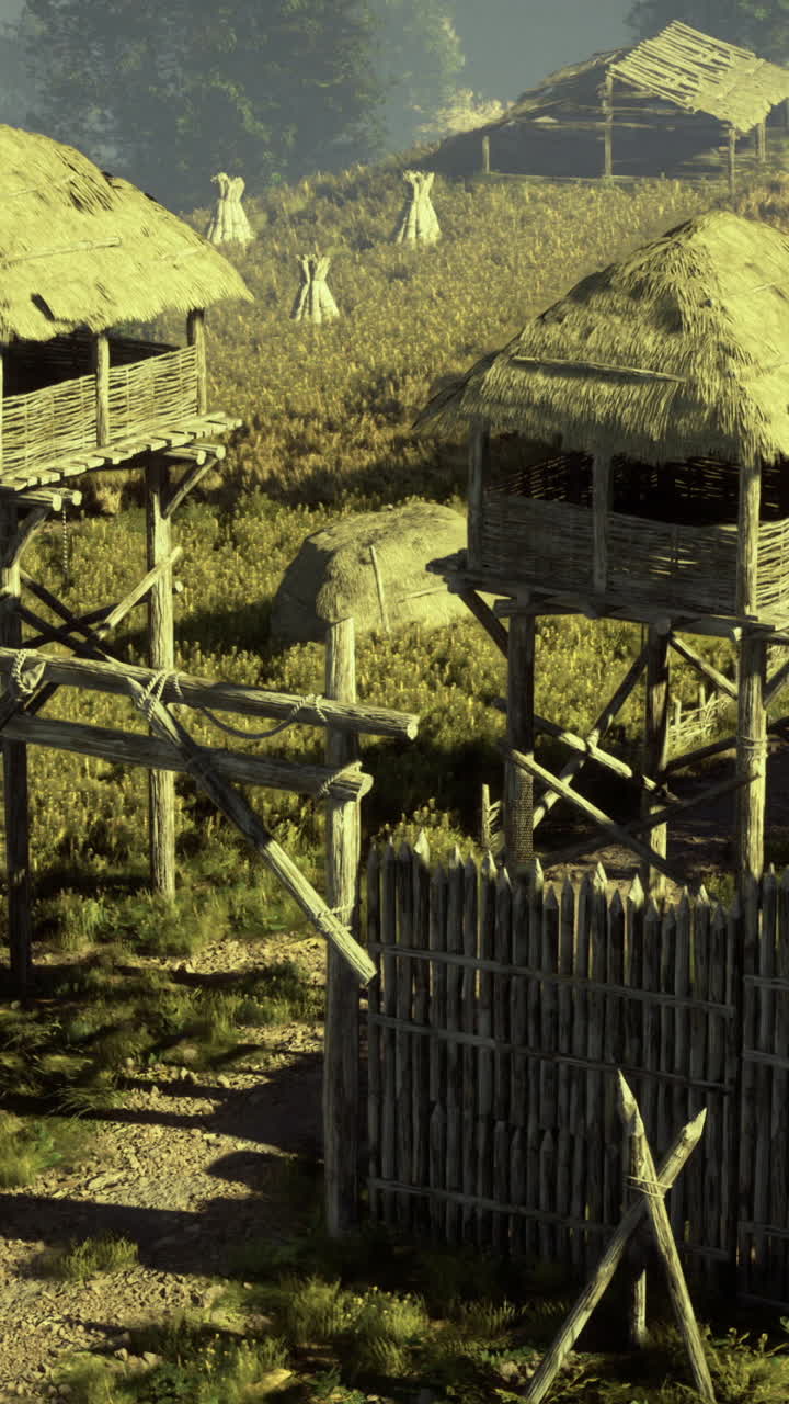 Uma fortificação rústica de madeira apresenta duas torres de vigia em terrenos elevados.