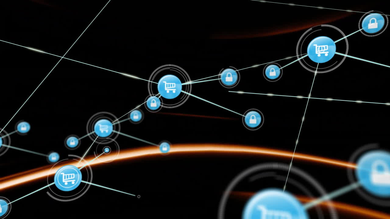 red de iconos de carrito de compras y bloqueo, animación de seguridad de comercio electrónico