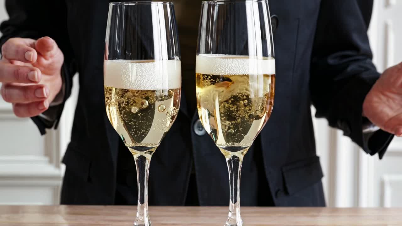 Video ravvicinato di due calici di champagne su un tavolo, con mani che gesticolano nelle vicinanze.