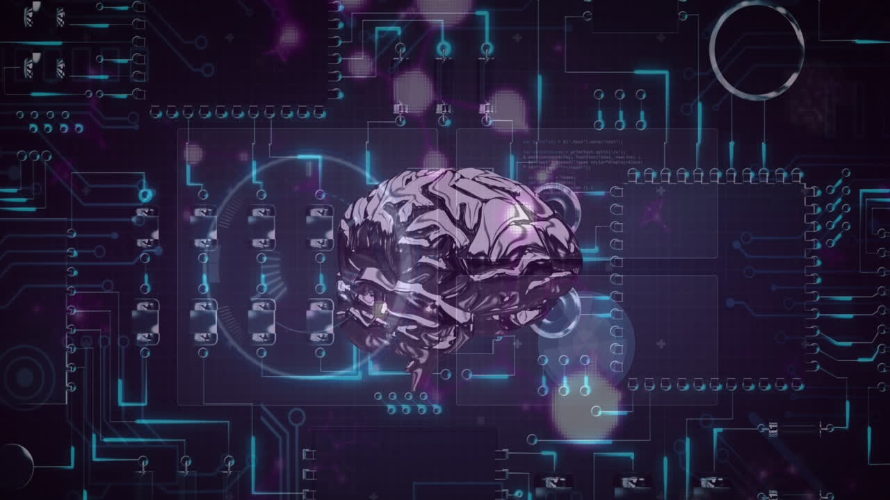 Animation of data processing, human brain and circuit board
