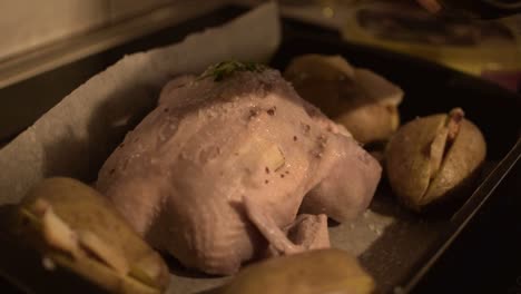 pouring some virgin olive oil on the potatos in the pan with chicken