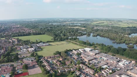 Dolly-forward-drone-shot-towards-Lea-river-basin-Cheshunt-north-London