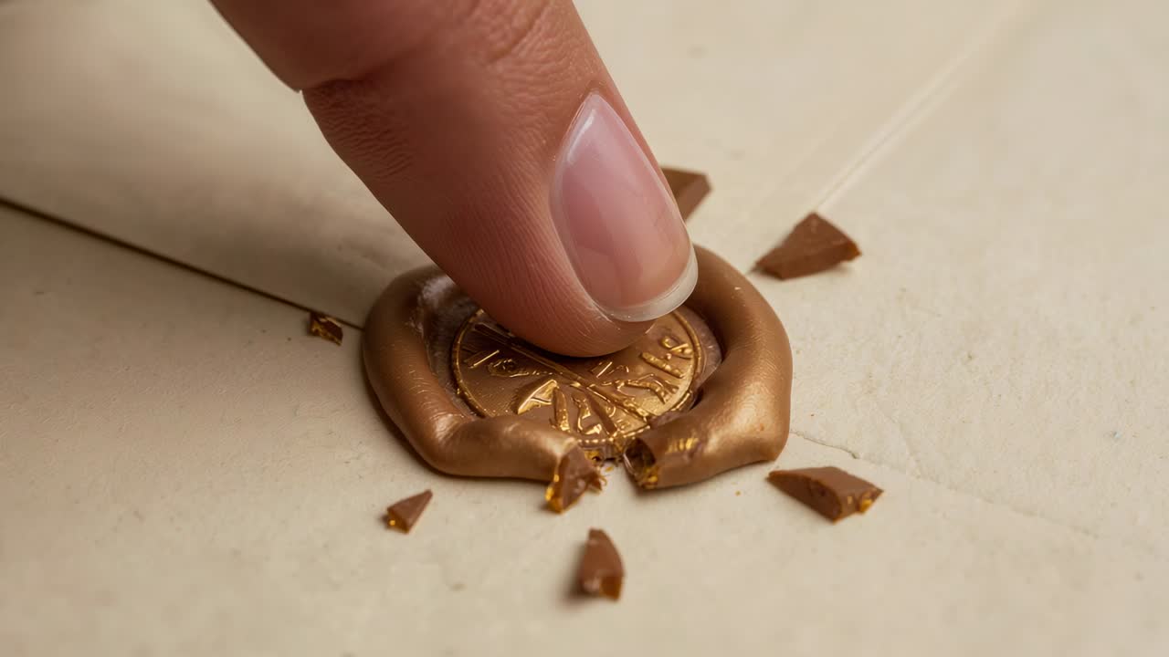 Touching adult fingertip pressing seal on cream table, cracking wax and revealing embossed motif