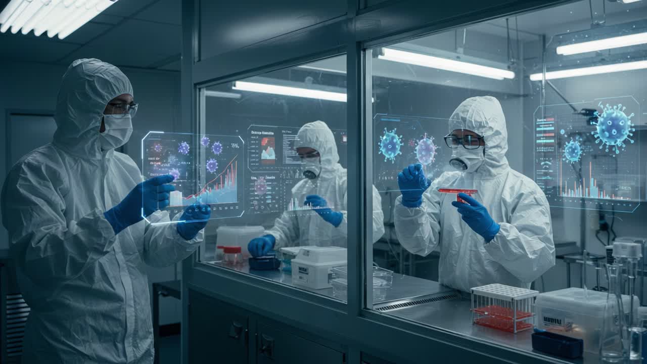 Scientific Research in a Laboratory: Scientists Analyzing Data with High-Tech Displays in Protective Gear While Studying Pathogens in a Controlled Environment
