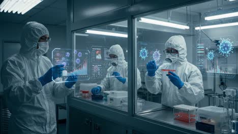 scientific research in a laboratory: scientists analyzing data with high-tech displays in protective gear while studying pathogens in a controlled environment