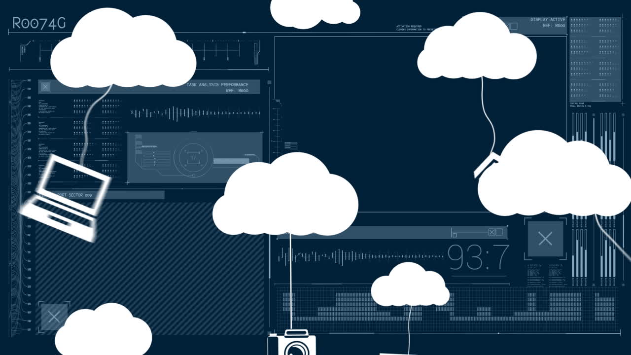 animación de iconos de nubes y procesamiento de datos sobre un fondo oscuro