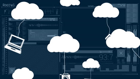 Animation of cloud icons and data processing over dark background