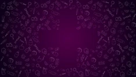 animated medical dark purple background with small contour icons. healthcare cross symbol. copy space. looped.