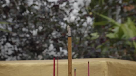 una varilla de incienso aromática y ahumada se quema lentamente, liberando su aroma y creando una atmósfera misteriosa
