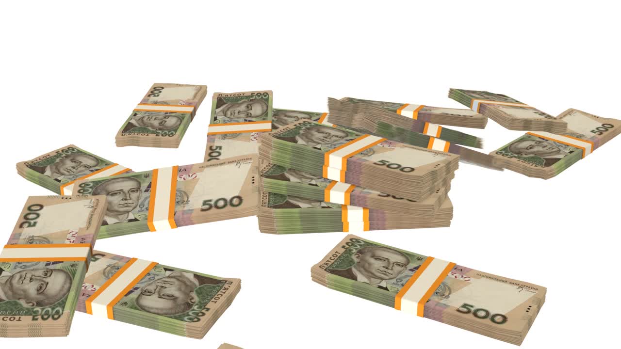 테이블 위에 떨어지는 많은 돈 어리, 500 우크라이나 그리브니아 지폐, 돈 더미.