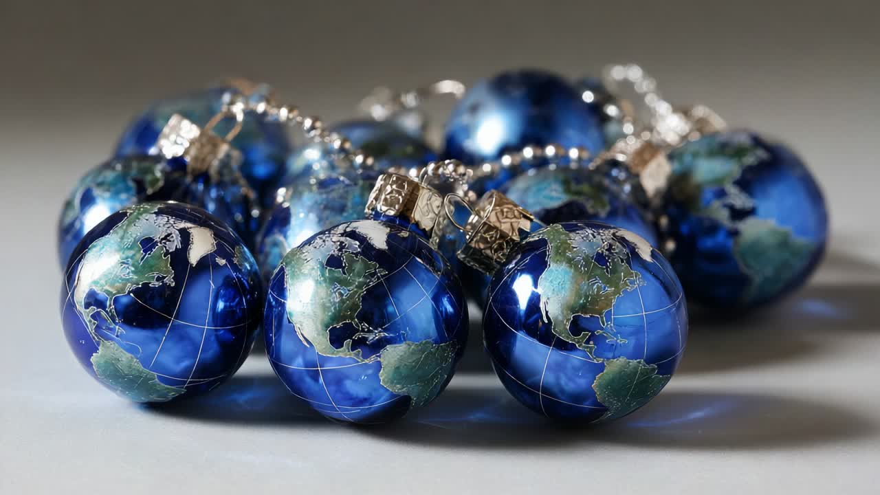 A Stunning Collection of Blue Globes Reflecting Earthly Continents, Beautifully Crafted as Ornamental Decor for Celebratory Seasons, Perfect for Enhancing Festive Environments with a Global Touch