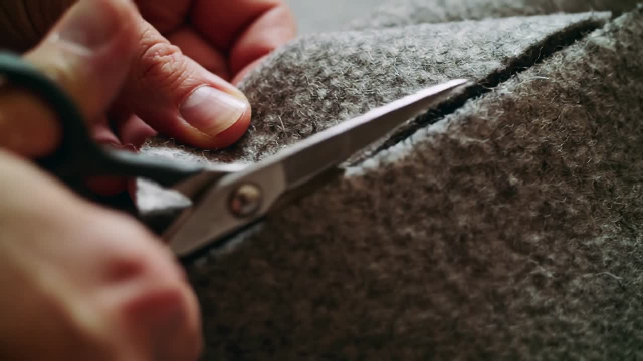 Mani che tagliano e pizzicano feltro grigio con le dita che guidano le forbici su una cucitura in studio, formando scarti.