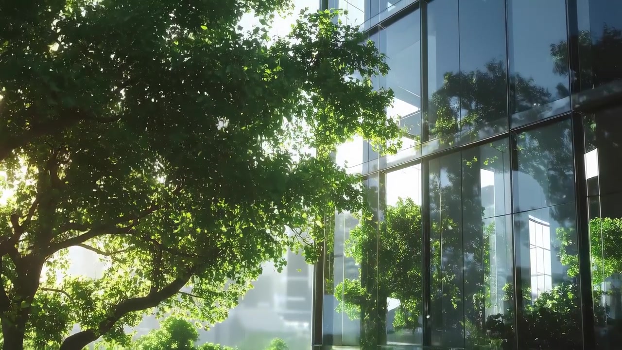 Luz Solar Refletindo em um Edifício Moderno de Vidro com Árvores Verdes