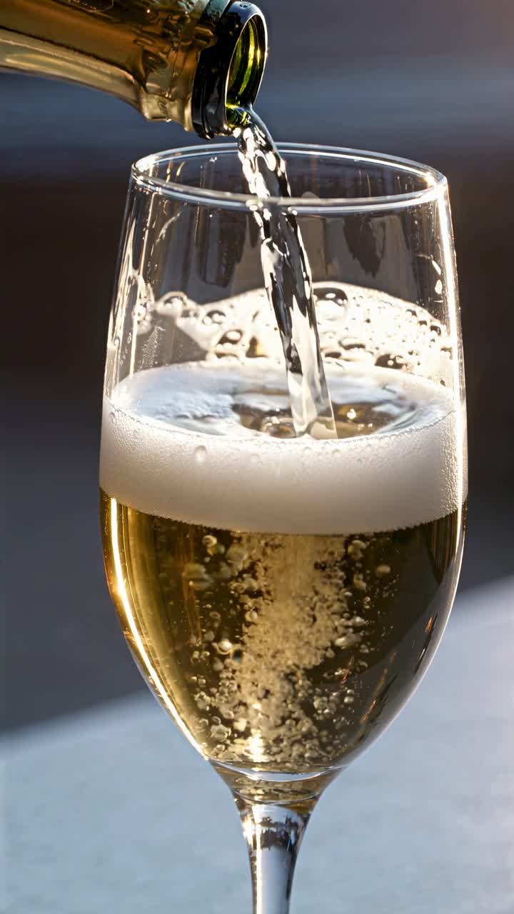 Video ravvicinato di champagne versato in un bicchiere, che cattura bollicine e riflessi di luce.
