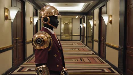a humanoid robot or android in a bellhop uniform standing in a hotel hallway