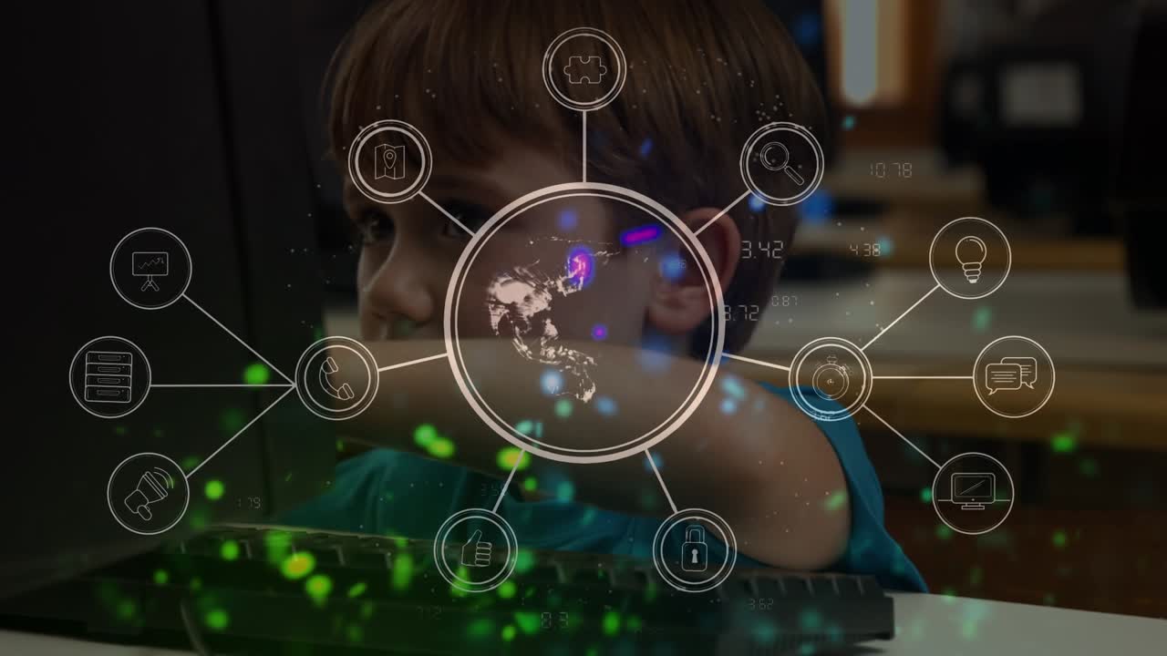 Animation of connections with globe over caucasian boy using computer