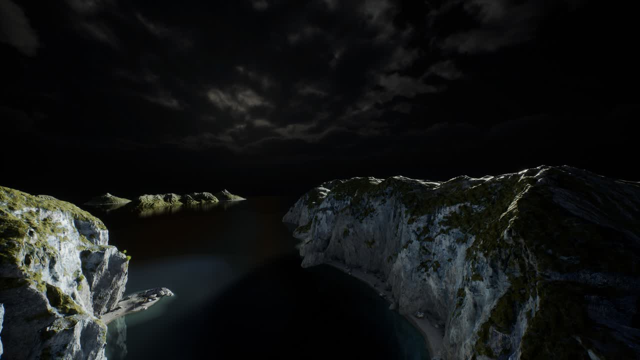 fiordo con nubes oscuras de tormenta