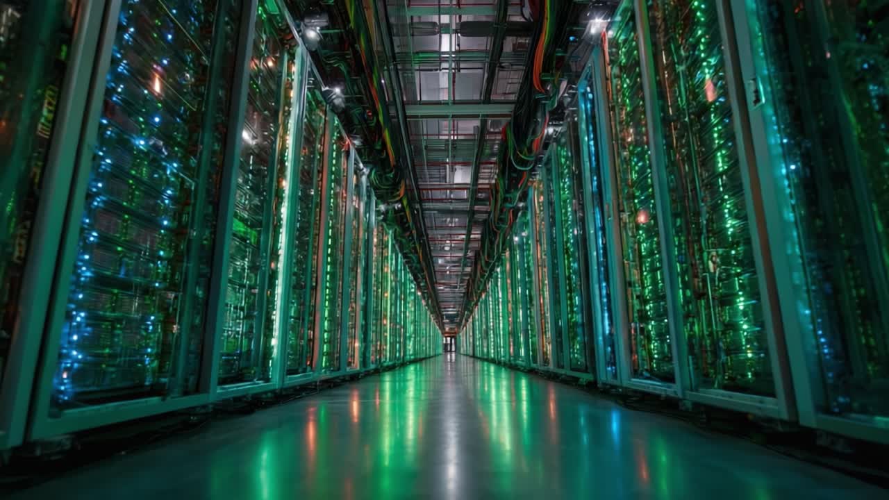 Exploring a Vibrant Data Center: A Glimpse into the High-Tech Infrastructure with Row upon Row of Illuminated Server Racks in a Modern Digital Environment