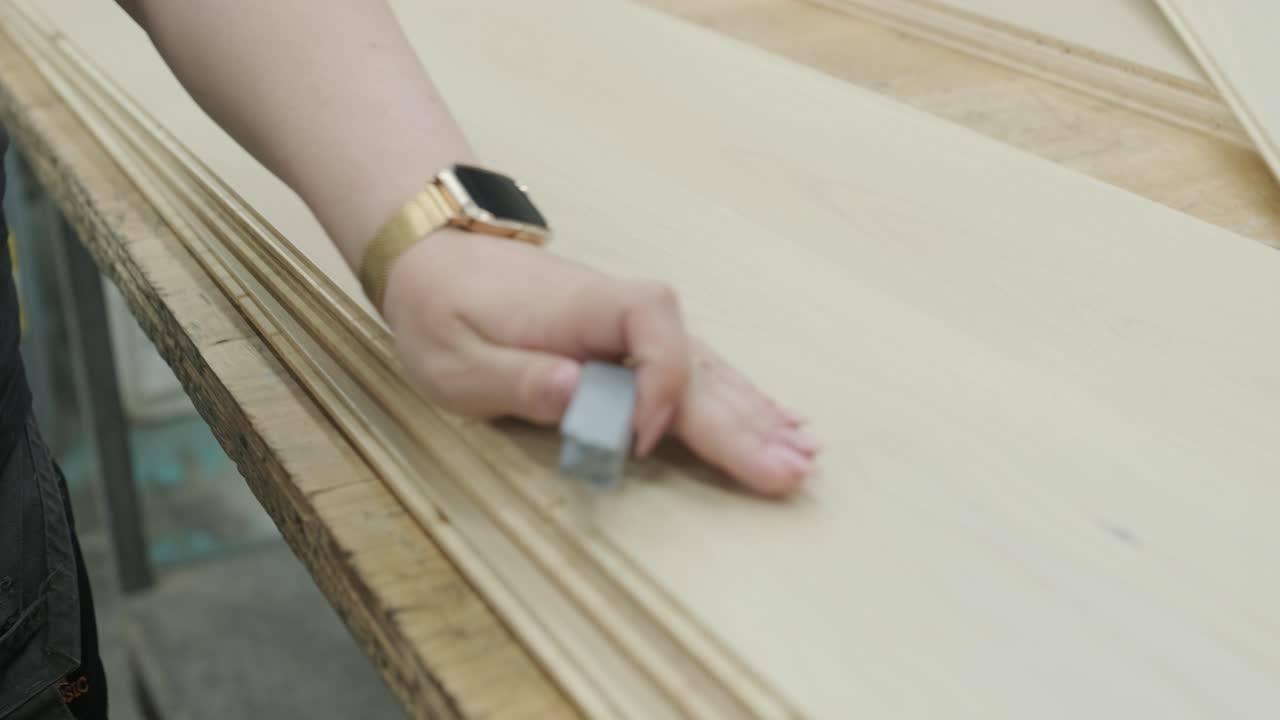 Close-up of Worker's Hands Repairing Wood Board with Filler