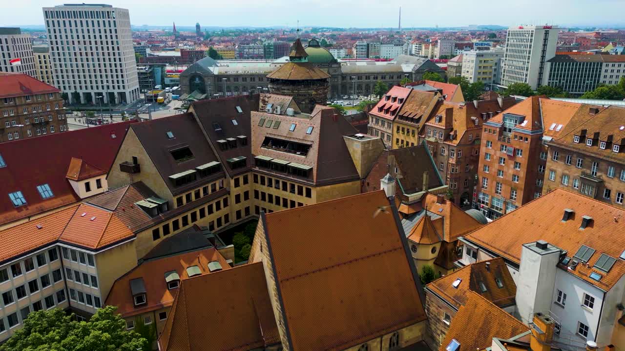 4K Aerial Drone Video of Ancient Women's Gate Tower and Train Station in Downtown Nurnberg, Germany