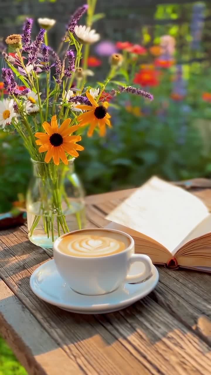 Un video sereno de un café con leche y un libro sobre una mesa rústica, filmado desde un ángulo lateral, con flores