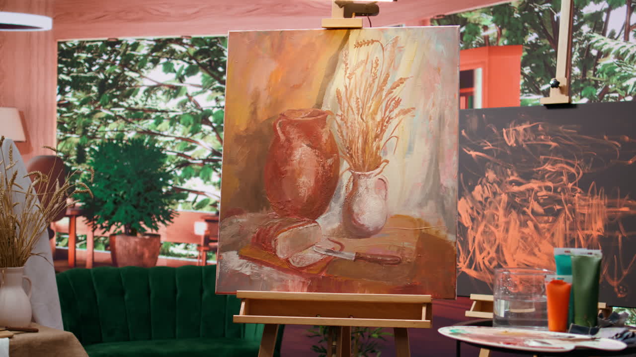 Still life painting with wheat and bread