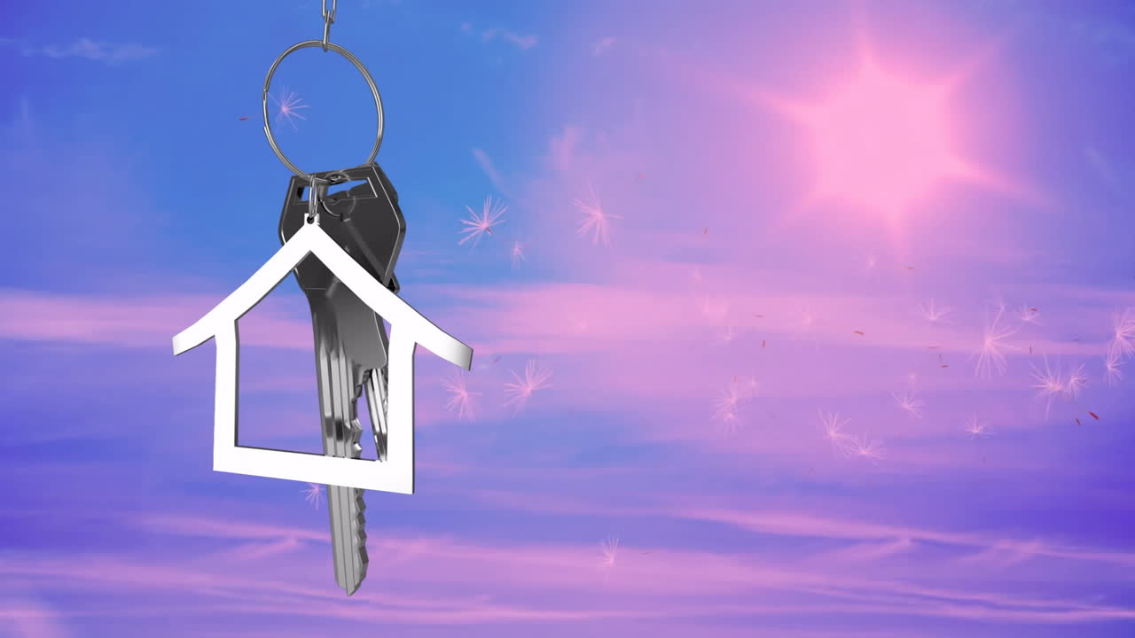 Animation of silver key and house with fulness text over sun and dandelion clock