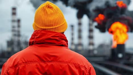 un hombre con una chaqueta roja y un sombrero amarillo mirando una refinería de petróleo