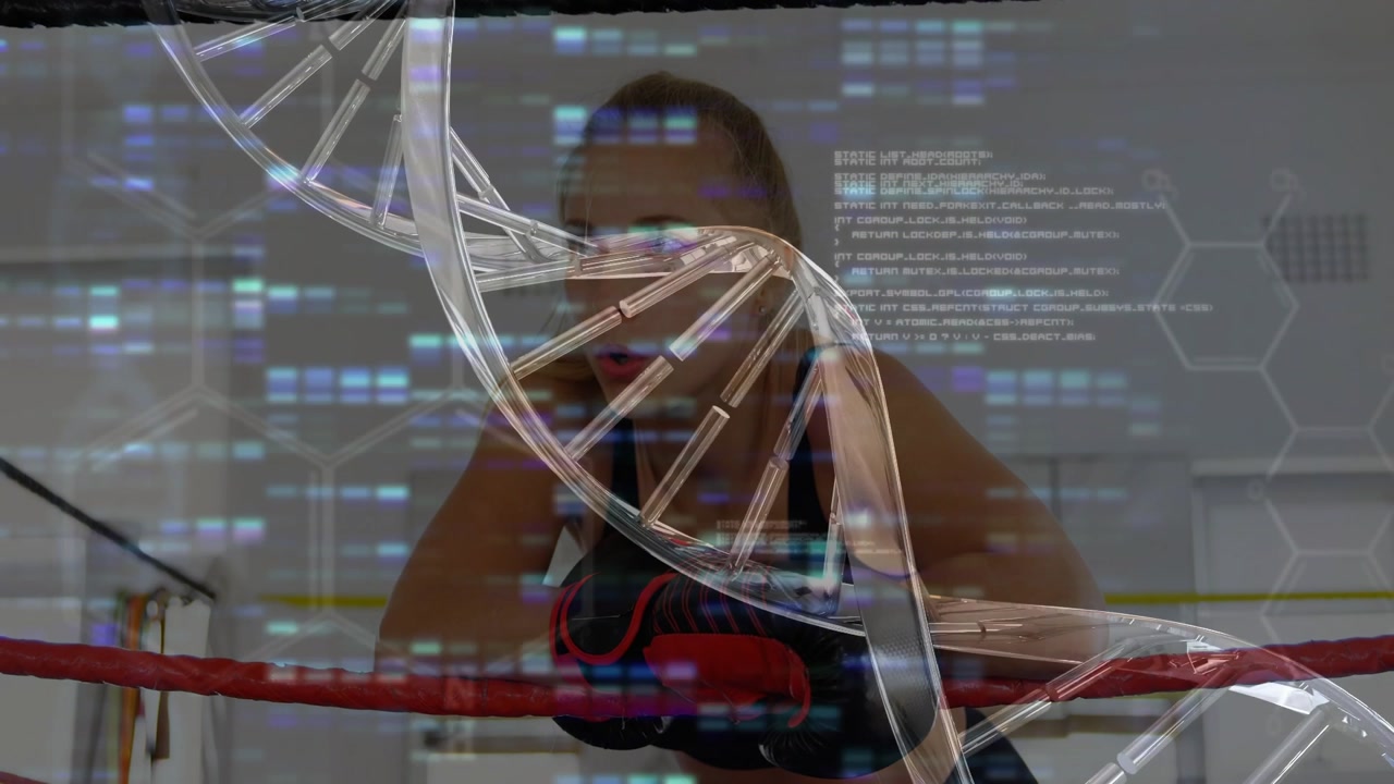 Sports boxer leaning on top rope, shifting gaze, wiping sweat with glove while DNA helix drifting