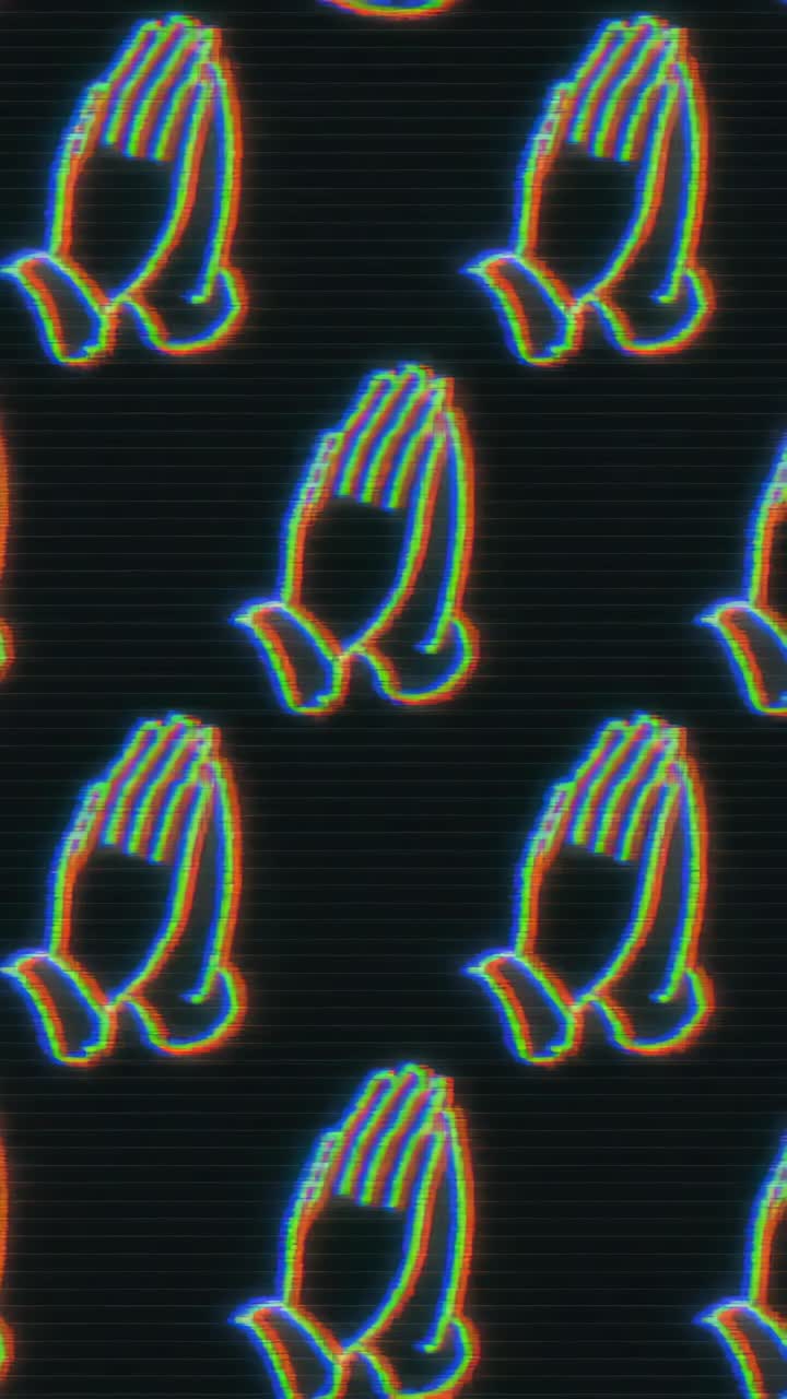 Retro video style with a repeating pattern of praying hands. The top-down angle adds a vintage