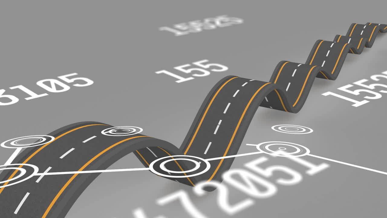 animación de conexiones y coordenadas sobre la carretera sobre un fondo gris