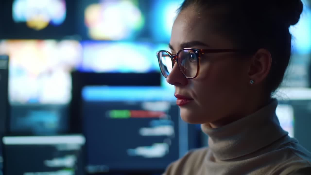 A focused professional in deep concentration, surrounded by screens displaying vibrant digital interfaces, epitomizing modern technology and analytical work in a high-tech environment