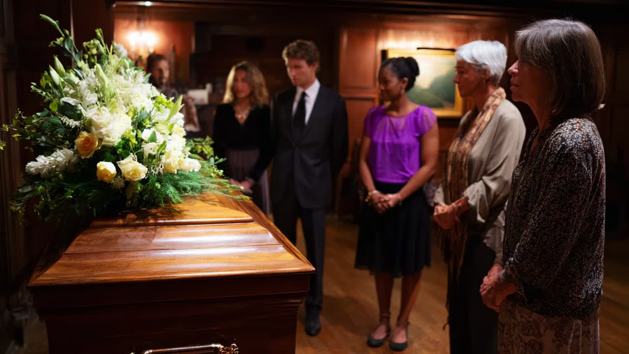 A Somber Moment of Reflection and Mourning: Family and Friends Gather Around a Beautifully Arranged Casket with Flowers in a Gracious Indoor Setting, Honoring a Loved One's Memory