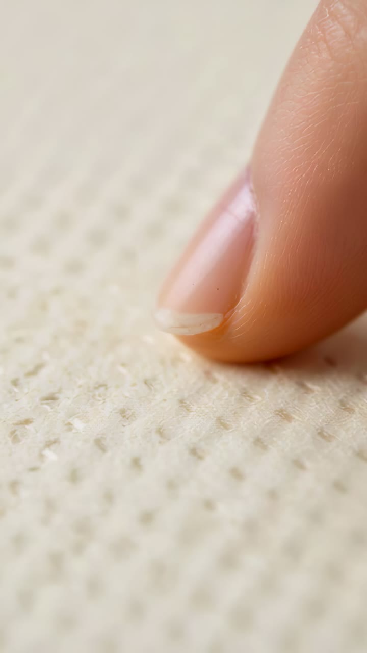 Vertical video: Coming from right fingertip pressing, gliding on cream cloth testing, copy space